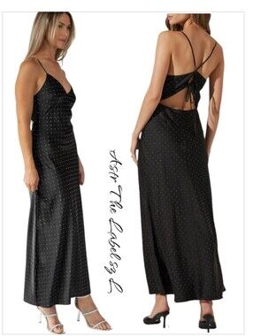 New ASTR the Label Bonney Black Rhinestone Backless Maxi Slip Dress L